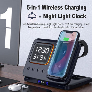 Wireless Charger Stand 5 In1 LED Digital Alarm Clock